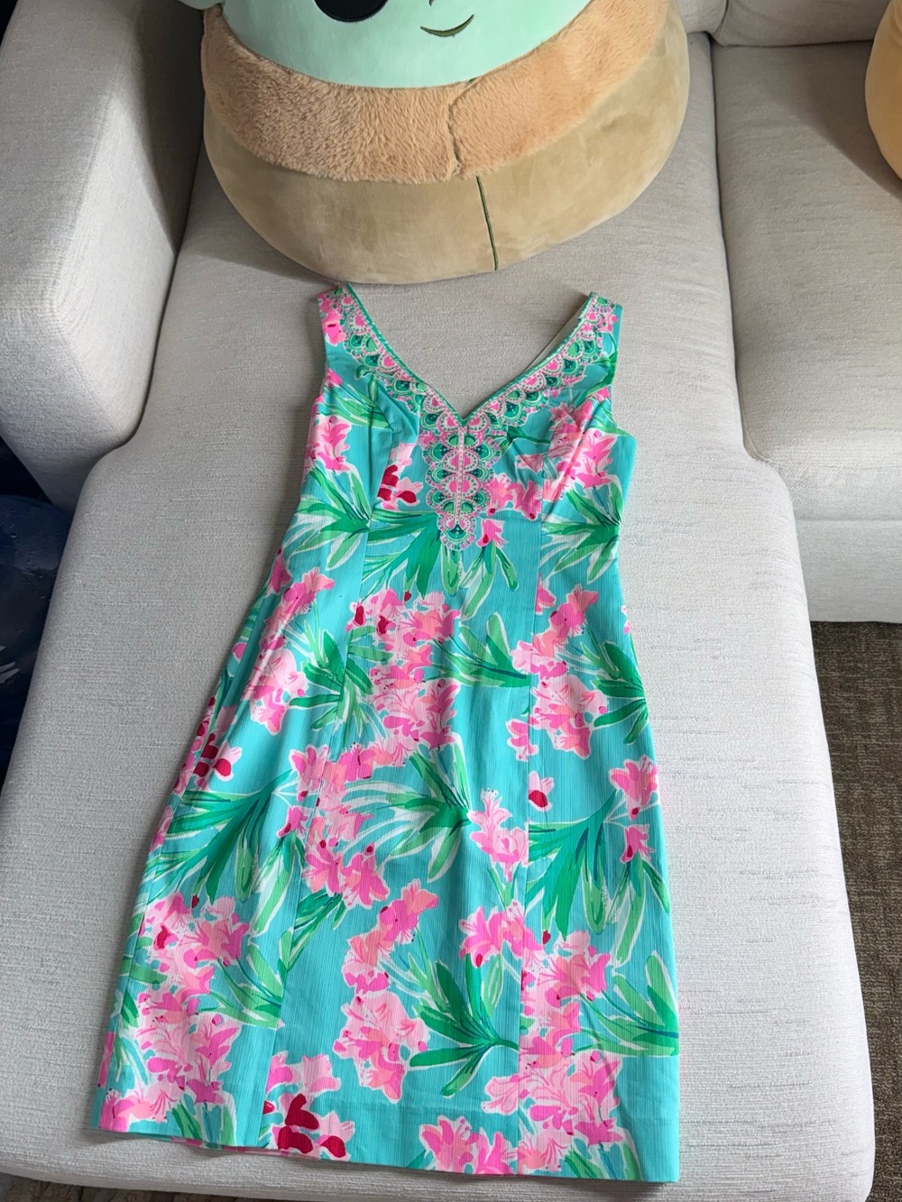 Lilly Pulitzer Aqua Floral V-Neck Mini Dress with Pink & Green Print